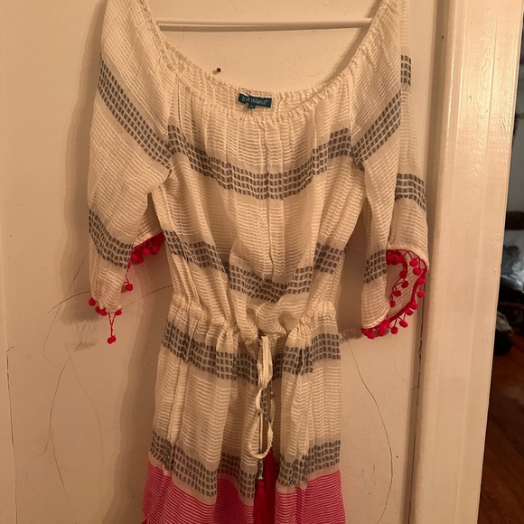 Boho Off Shoulder Dress Tunic | Beach Cover Up Tassel Pom Pom L Blue Island - Picture 4 of 6